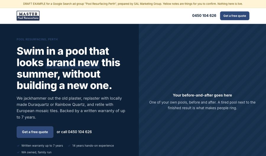 Preview of the Pool Resurfacing Perth landing page